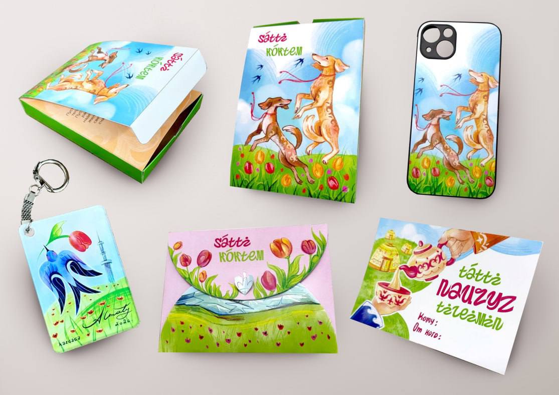 Сувенирная продукция к Наурызу - открытки, чехлы, брелки с авторскими иллюстрациями