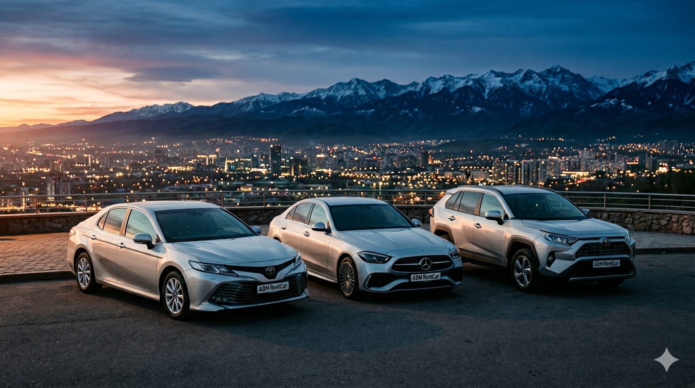 Автопарк ADM RentCar — Toyota Camry, Mercedes C-Class и Toyota RAV4 на фоне вечернего Алматы