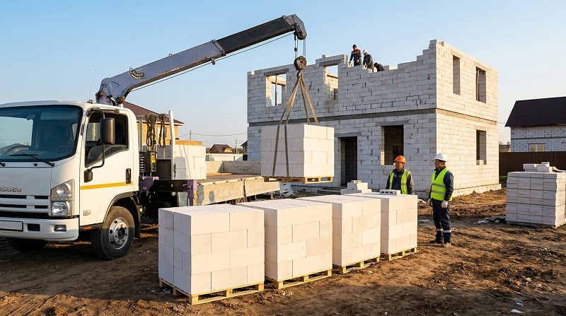 Доставка газобетонных блоков манипулятором на стройку в Алматы