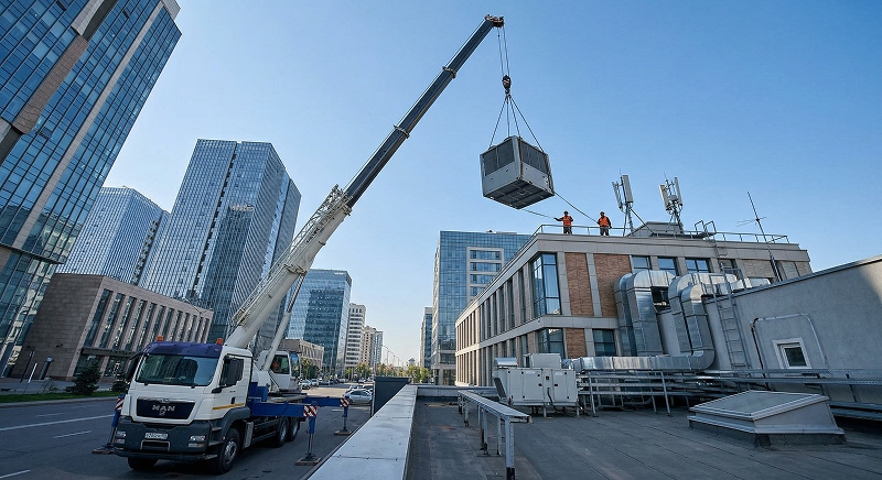 Подъём промышленного оборудования на крышу краном-манипулятором