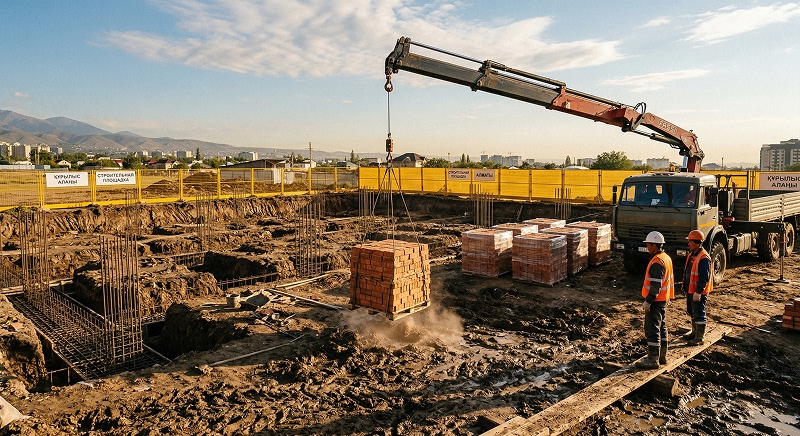 Разгрузка кирпича на строительной площадке манипулятором в Алматы